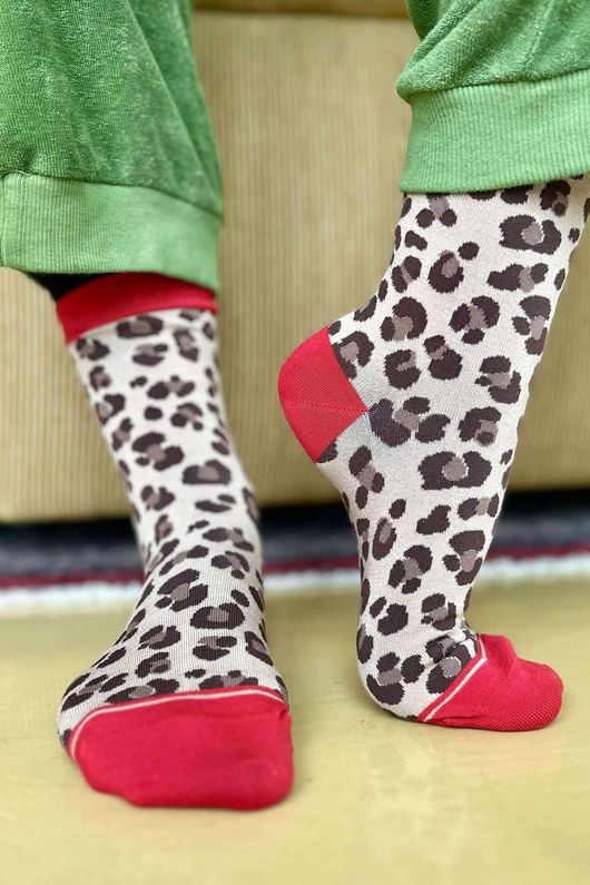 Leopard Bamboo Sock Natural Red